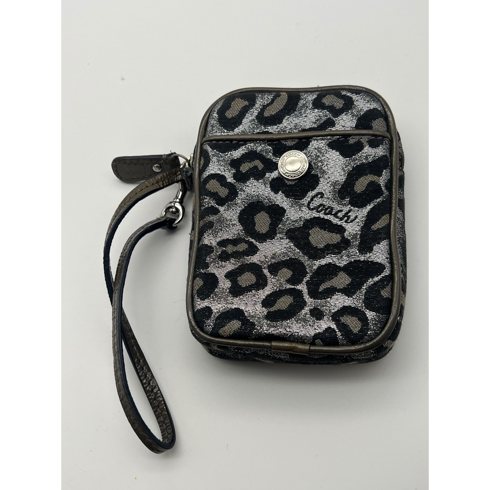 COACH Ocelot Wristlet Small Black Silver EUC Y2K Metallic Leopard Print Pouch